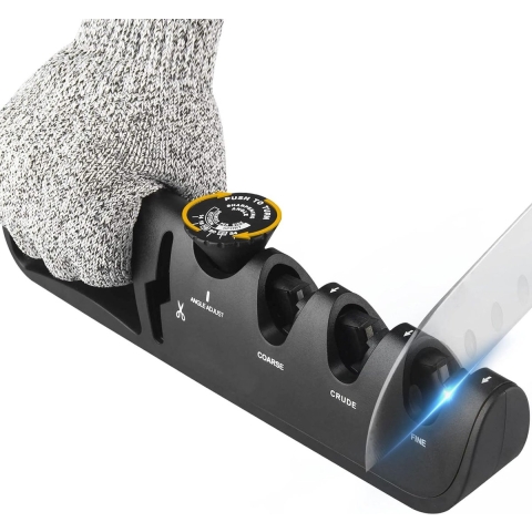 Messenslijper, 4-in-1 messenslijper met schaarslijper, 6 standen verstelbaar, professionele messenslijper, ergonomisch mes slijpen, zwart (zwart)