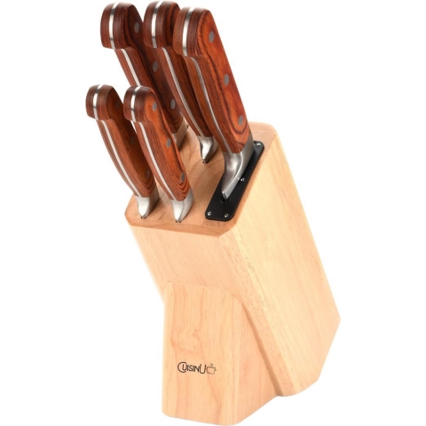 CuisinU Messenset met Messenblok en ingebouwde messenslijper - 6 Delig - Hout - Messenset met blok
