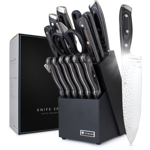Dymund® Messenset met Blok - Koksmessen Set Incl Messenblok - (15-delig) - Gehamerd - RVS - Zwart