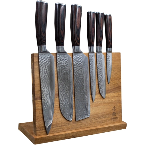 Shinrai Japan - Messenset met Blok - 6 delig Hammered RVS - Koksmes - Japans mes - Mes van Japans RVS - Met Luxe Geschenkdoos