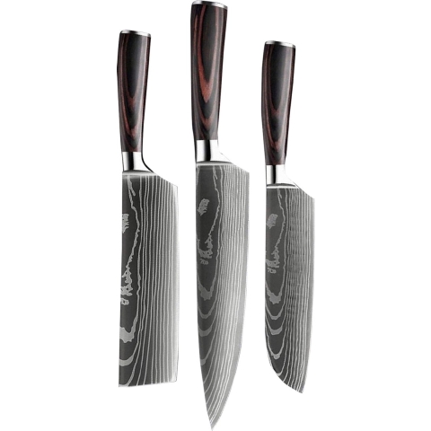 Shinrai Japan - Messenset - 3 delig - Koksmes - Japanse mes - Mes - Japanse Damascus Print - Met Luxe Geschenkdoos
