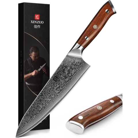 Damascus Koksmes (67 lagen) | Xinzuo B13R Yu | Luxe & Professioneel | Vlijmscherp Damascus staal | 34 cm Keukenmes met rozenhouten handvat