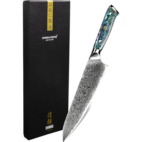 Shinrai Japan - Japans Koksmes 20 cm - Koksmes - Damascus Mes - Parelmoer Jewels - Met Luxe Geschenkdoos