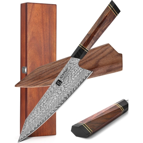 XINZUO BUNKA-MES | Professioneel koksmes van vol Damascus staal | F2 Series | Vlijmscherp Damaststaal | Roestvrij en Corrosievrij | Vleesmes / keukenmes | Handvat van Noord-Amerikaans Desert Ironwood | Inclusief Acaciahouten Giftbox en Schede