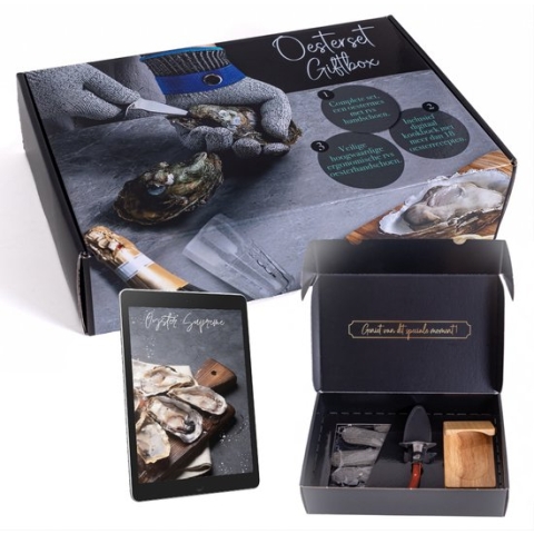 TEN® Geschenkset Oestermes Bruin met RVS Oesterhandschoen Maat M + Oesterplaatje + eBook Kookboek - Oesterset met Meshouder - Oestermes en Handschoen - Cadeauverpakking/Giftbox/Zakelijk