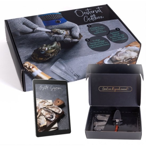 TEN® Geschenkset Oestermes Bruin + RVS Oesterhandschoen Maat XL + eBook Kookboek - Oesterset met Kunstlederen houder - Oestermes en Handschoen - Cadeauverpakking/Zakelijk/Kado