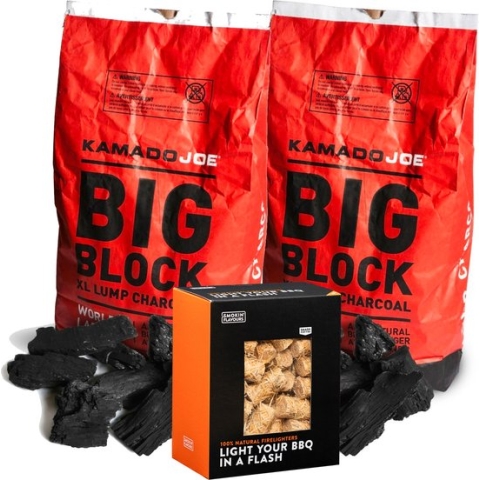 2 zakken houtskool Big Block Kamado Joe + 1 zak aanmaakwokkels