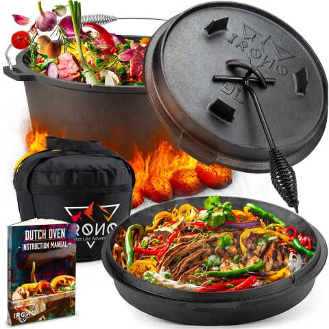 IRONO Dutch Oven - Pan Gietijzer - 9 Liter - Gietijzeren Pan BBQ 5-delig - Multifunctionele Kookset - Braadpan Gietijzer met Deksellifter - Bakpan - Kookpan - Outdoor Cooking - Cadeau