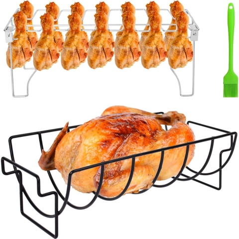 14 sleuven kippenpoothalster, 6 sleuven spareribhalster met BBQ-borstel, antiaanbakribhouder Kippenvleugels Halter Barbecue Grillstandaard Accessoires voor kok Camping Picknick