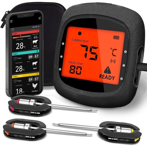 MostEssential PRO-3 Digitale Vleesthermometer - BBQ Thermometer - Draadloos met App - Bluetooth 5.0 - 100M Bereik - Inclusief 3 Meetsondes & Luxe Opberghoes