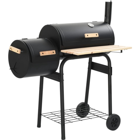 The Living Store Rookbarbecue - Stalen frame - 103 x 60 x 113 cm - 3 kookroosters - 3 houtskoolroosters - Houten tafel - Met thermometer - Zwart - Geschikt voor houtskool en hout