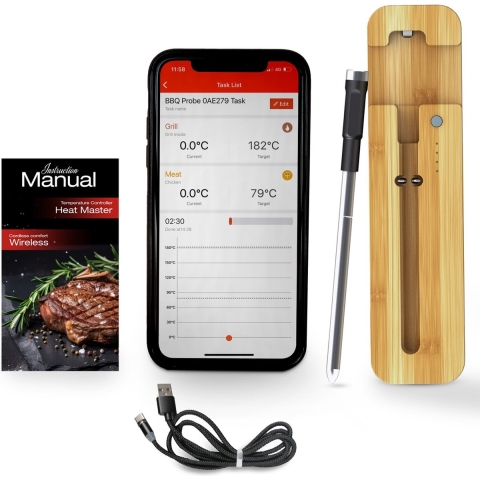 Vleesthermometer - Draadloze BBQ Thermometer met App - Oventhermometer - Kernthermometer - 1 Sonde - met Bluetooth - 60 meter draadloos - Bamboe - Magnetisch