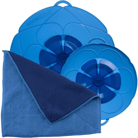 Voordeelset voor potten van 14 tot 24 cm met microvezeldoek als set in de kleurrijke doos, siliconen beschermhoes voor potten en pannen (lichtblauw)