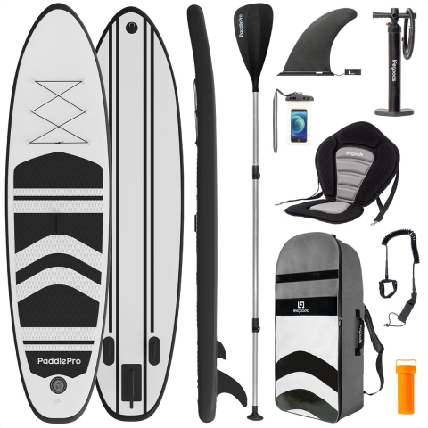LifeGoods SUP Board - met Zitje - Opblaasbaar Paddle Board - Complete Set - Max. 135KG - 320x81cm - Wit/Zwart