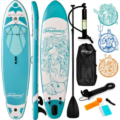 Physionics - Stand Up Paddle Board - 320cm - Opblaasbaar SUP Board - Verstelbare Peddel - Handpomp met Manometer - Rugzak - Reparatieset - Paddle Board - Surfboard - Nymph Mintgroen
