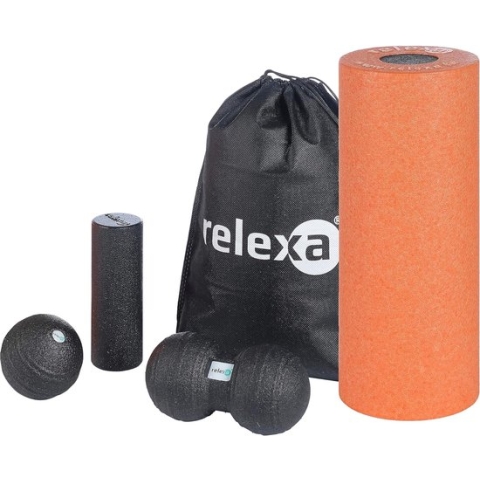 Fascia-starterset, 5-delig, fasciarollen voor spanning en verkleving, voor zelfmassage van alle spieren, veelzijdige toepassing, in verschillende kleuren (oranje/zwart-zwart)
