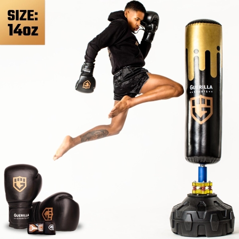 Guerilla Sports – Staande Bokszak "PRO" - Kickboks zak met stevige voet in hoogwaardige kwaliteit met professionele bokshandschoenen (14oz) en originele zwachtels – Volwassenen - Bokspaal - Bokszakken