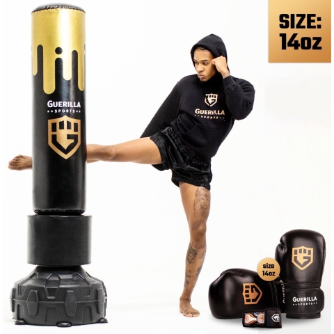 Guerilla Sports – Staande Bokszak "MAX" - Kickboks zak met stevige voet in hoogwaardige kwaliteit met professionele bokshandschoenen (14 oz) en originele zwachtels – Volwassenen - Bokspaal - Bokszakken