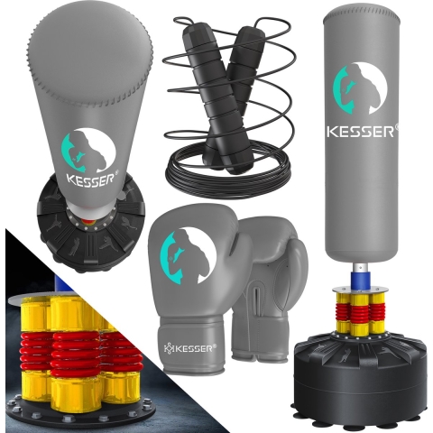 KESSER® Boks Set - Bokszak staande inclusief Bokshandschoenen & Springtouw - Kickbokszak MMA Boksbal voor Volwassenen Fitness Bokspaal met Zuignapbodem - Grijs