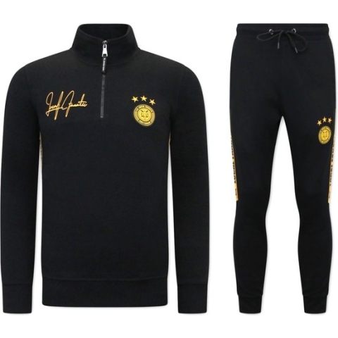 Heren Joggingspak - Half Zipper, Double Ribbon - Zwart / Geel