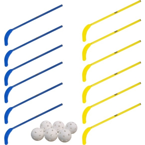 MDsport - Unihockey sticks kort - Floorball sticks -Basis onderwijs - Kunststof hockeysticks - Set van 12 + 6 ballen - Blauw / Geel