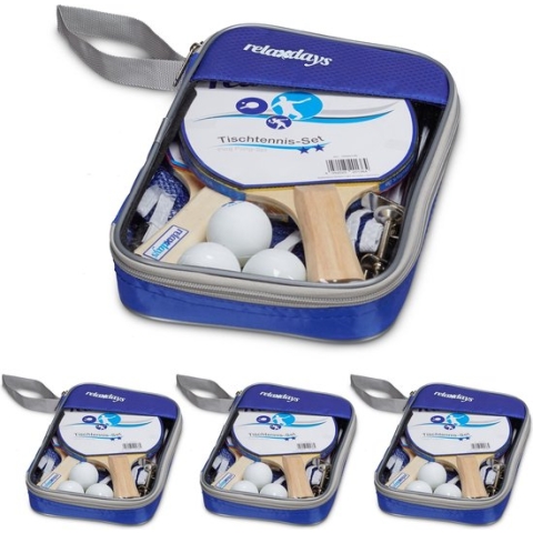 Relaxdays 4x tafeltennis set 2 sterren - 8 batjes - 12 ballen - 4 tafeltennisnet - blauw