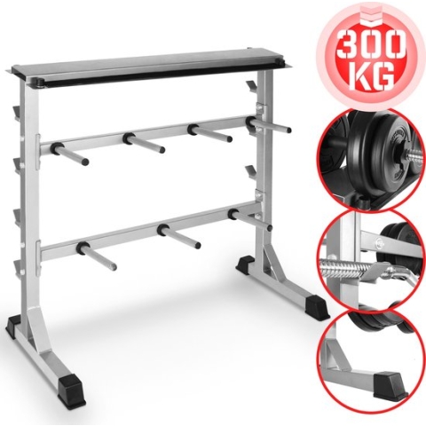 Physionics - Universeel Gewichtenrek t.b.v. Barbells, Halterstangen, Curlstangen en losse Gewichtschijven - Perfect voor Opbergen en Organiseren van alle materialen voor Gewichtheffen - Anti Slip Onderstel - Grijs - Maximaal 300kg