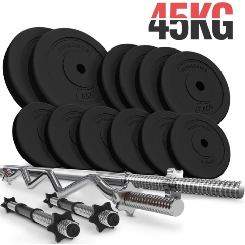 Physionics - Complete Dumbbell + Barbell set - Totaal gewicht 45 kg, Rechte Halterstang 165 cm, SZ Curlstang, 2 Dumbbells, Gewichtsschijven