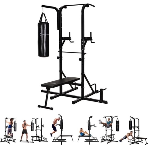 Power Tower - Krachtstation - Home gym - Pull up bar - Dip station - Halterbank - Inclusief bokszak