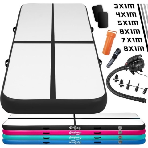 Physionics - Opblaasbare Turnmat - gym mat - Zwart - 3m - Met elektrische luchtpomp - Trainingsmat