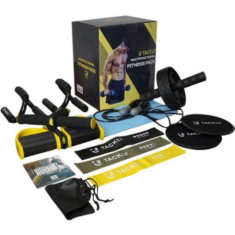 Buiktrainerset 7-in-1 voor thuis met sportaccessoires fitness - buikroller fitnesstoestellen - gymset ook spiertrainer heren en dames - buikwielset met springtouw, fitnessband en