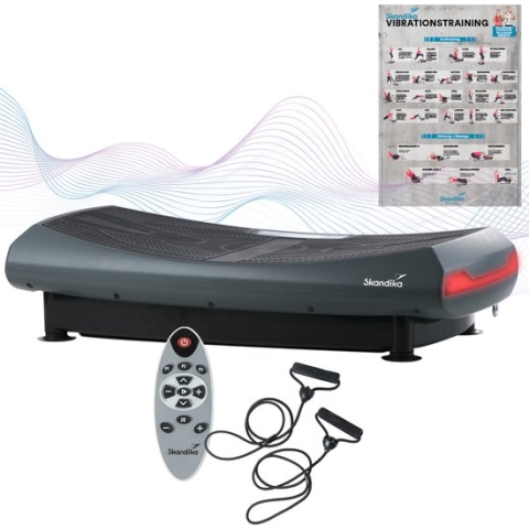 Skandika V2000 4D Trilplaat – Trilplaten - Gebogen ontwerp, 2 krachtige motoren, fluisterstil, trainingsbanden, poster, afstandsbediening, bluetooth – Vetverbranding - Full Body Training – 6 trainingsprogramma’s – 60 niveau’s - grijs