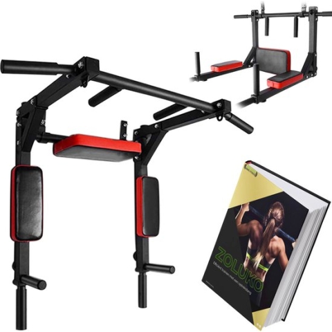 Zoluko Professionele Dip & Pull Up Bar Wandmontage - 200kg Draagkracht - Dip Station - Incl. E-book - Eenvoudige Bevestiging - 2 in 1 Pull Up Station en Dip Station voor Thuis Sporten - Optrekstang Fitness - Dip Bars - Chin Up Bar - Zwart/Rood