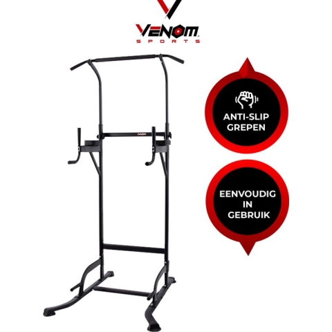 Venom Sports Krachtstation - Multifunctioneel trainingsrek - Power tower met Pull up bar – Fitness apparaat krachttraining – Anti-slip handvaten – Super stabiel – In hoogte verstelbaar – Zwart - 105x86x223cm
