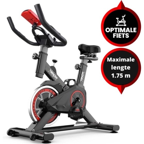 Venom Sports Hometrainer fiets – Hometrainer Fitness - Professionele indoor bike met lage instap – Hoge Stabiliteit – V-belt aandrijving – Tot 175cm en 150kg – Zwart/Rood