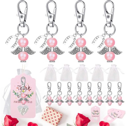 Gastgeschenk voor meisjes, beschermengel parel sleutelhanger + organza zakje + kraftpapier cadeauhanger gastgeschenk doop voor communie, bruiloft, tafeldecoratie vormsel jongen meisjes