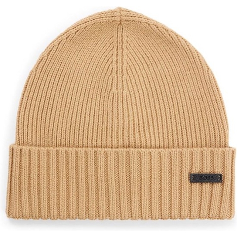 HUGO BOSS muts wol - heren muts met omslag - midden beige - Maat: One size