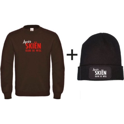 Set wintersport sweater zwart S + muts - Après skiën kan ik wel - soBAD. | Foute apres ski outfit | kleding | verkleedkleren | wintersport beanie | wintersporttruien | wintersport dames en heren