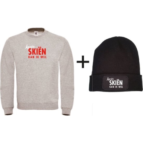 Set wintersport sweater grijs XXL + muts - Après skiën kan ik wel - soBAD. | Foute apres ski outfit | kleding | verkleedkleren | wintersport beanie | wintersporttruien | wintersport dames en heren