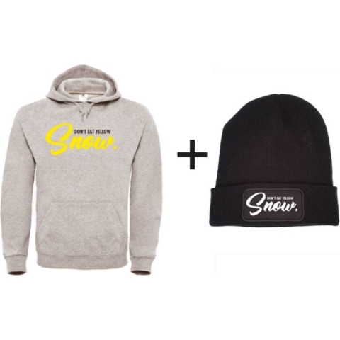 Set wintersport hoodie grijs S + muts - Don't eat yellow snow - soBAD. | Foute apres ski outfit | kleding | verkleedkleren | wintersport beanie | wintersporttruien | wintersport dames en heren