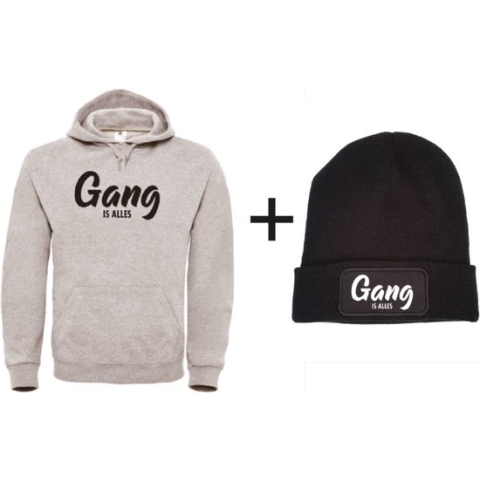 Set wintersport hoodie grijs M + muts - Gang is alles - zwart - soBAD. | Foute apres ski outfit | kleding | verkleedkleren | wintersport beanie | wintersporttruien | wintersport dames en heren