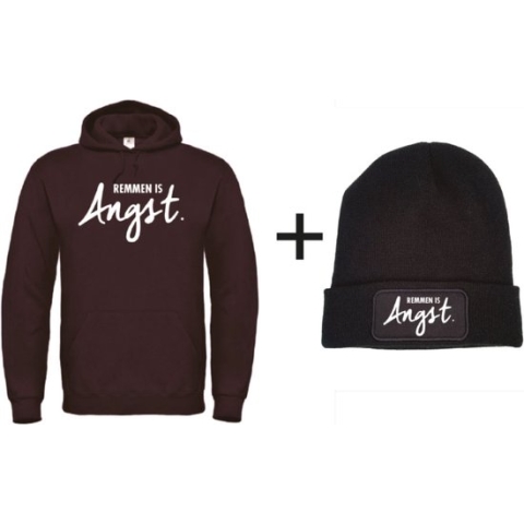 Set wintersport hoodie zwart XL + muts - Remmen is Angst - wit - soBAD. | Foute apres ski outfit | kleding | verkleedkleren | wintersport beanie | wintersporttruien | wintersport dames en heren