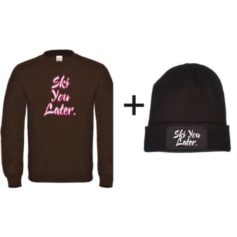 Set wintersport sweater zwart S + muts - Ski you later - soBAD. | Foute apres ski outfit | kleding | verkleedkleren | wintersport beanie | wintersporttruien | wintersport dames en heren