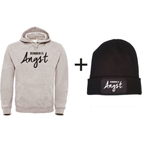 Set wintersport hoodie grijs L + muts - Remmen is Angst - zwart - soBAD. | Foute apres ski outfit | kleding | verkleedkleren | wintersport beanie | wintersporttruien | wintersport dames en heren