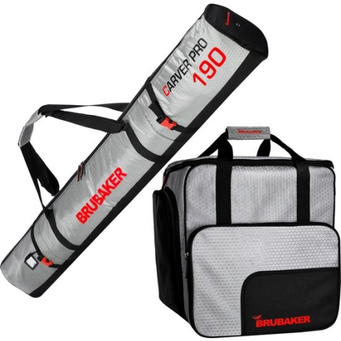 BRUBAKER Combi Set CarverTec Pro - Skitas en Skischoenen Tas voor 1 paar ski's + stokken + schoenen + helm - zilver rood