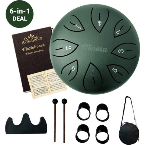 Miseru Handpan Groen - 6 IN 1 DEAL - Tonguedrum - Drum met Muziekboek - Klankschaal - Lotus drum - Steel Tonguedrum - Muziektherapie -16 cm