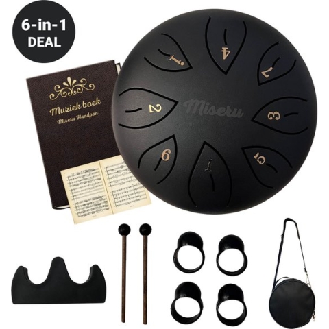 Miseru Handpan Zwart - 6 IN 1 DEAL - Tonguedrum - Drum met Muziekboek - Klankschaal - Lotus drum - Steel Tonguedrum - Muziektherapie -16 cm