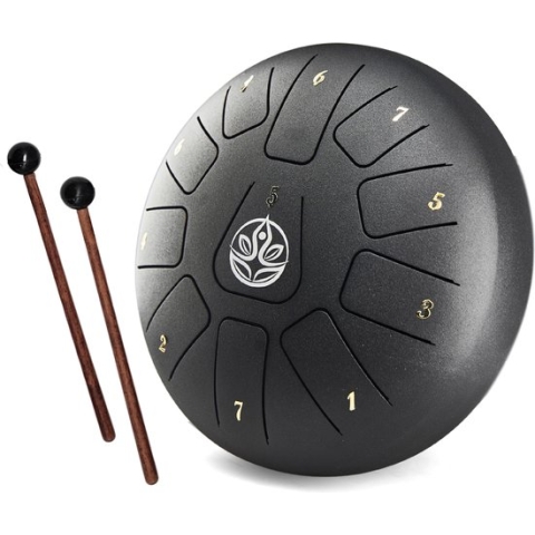Durani Handpan 20 cm Zwart – Tongue drum – Klankschaal – 11 noten –Hang drum - Yoga Drum – Lotus Tong - Steeldrum