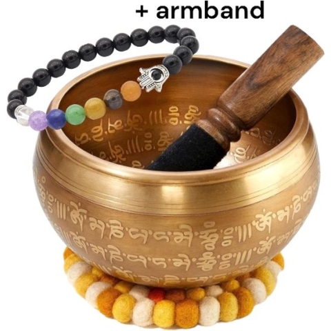 Tibetaanse Klankschaal - XXL 850g - 16cm. Grote Tibetaanse Set met Klepel en Klankschaalkussen in Lokta Papieren Geschenkdoos - Singing Bowl uit Tibet. Cadeau - Sinterklaas - Kerstmis