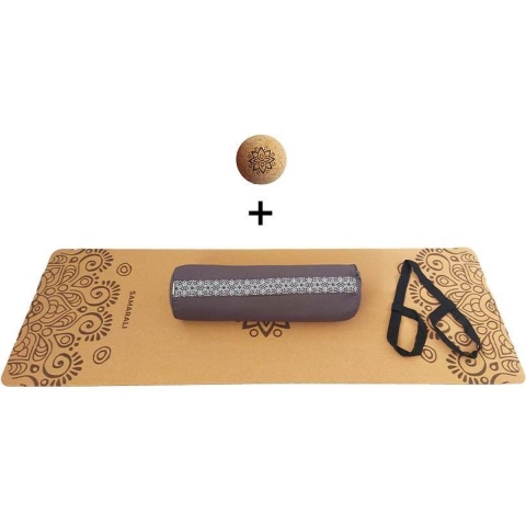 Yin Yoga set – Sun (GRIJS)| Kurk yogamat| Yoga Bolster| Kurk massagebal| Draagiem| Ethisch geproduceerd uit natuurlijke materialen